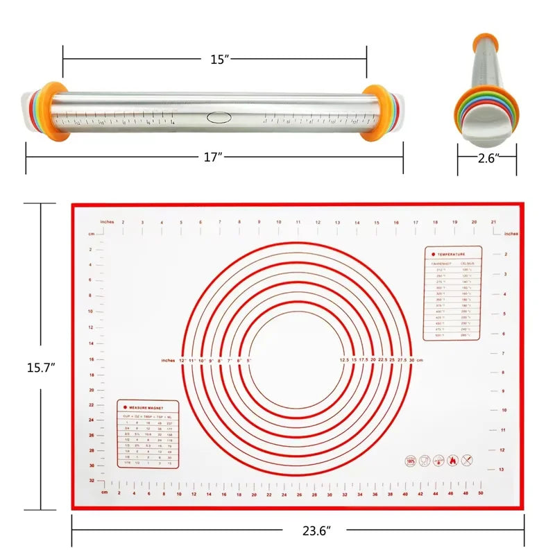 Bake Roll Stainless Steel Rolling Pin & Pastry Mat Set